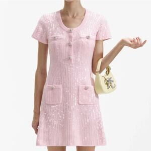 Self-Portrait Pink Sequin Knit Short Sleeve Mini Dress NWT